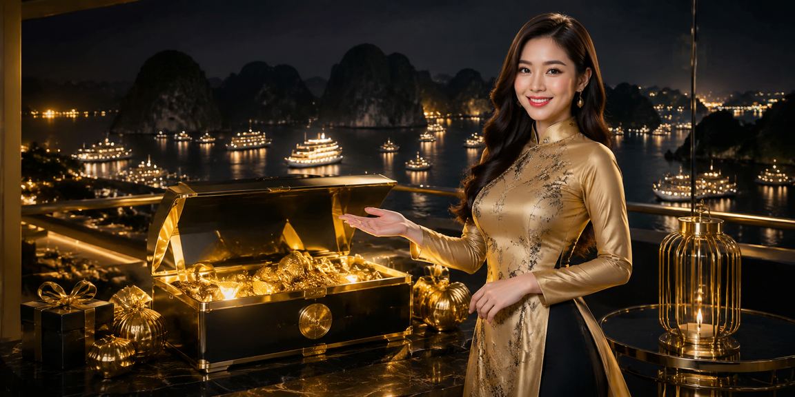 Cảnh Vịnh Hạ Long nhìn từ du thuyền, người mặc áo dài truyền thống Việt Nam